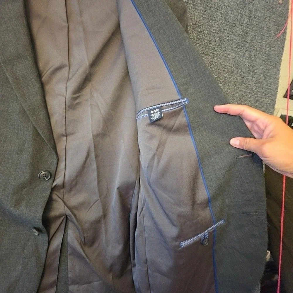 Saddlebred Perry Ellis Suit Mens 44R 36x32 Gray Check Slim Stretch 2 Piece Set